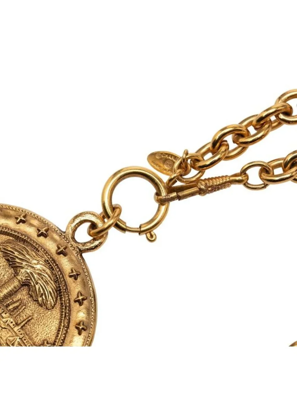 Chanel CC Logo Palm Tree Lion Medal Chain Pendant Gold Plated